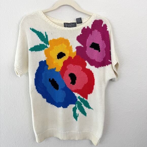Jimmy Garcia Womens Vintage Hand Loomed Knit Sweater Size M Floral Off White - Picture 1 of 7